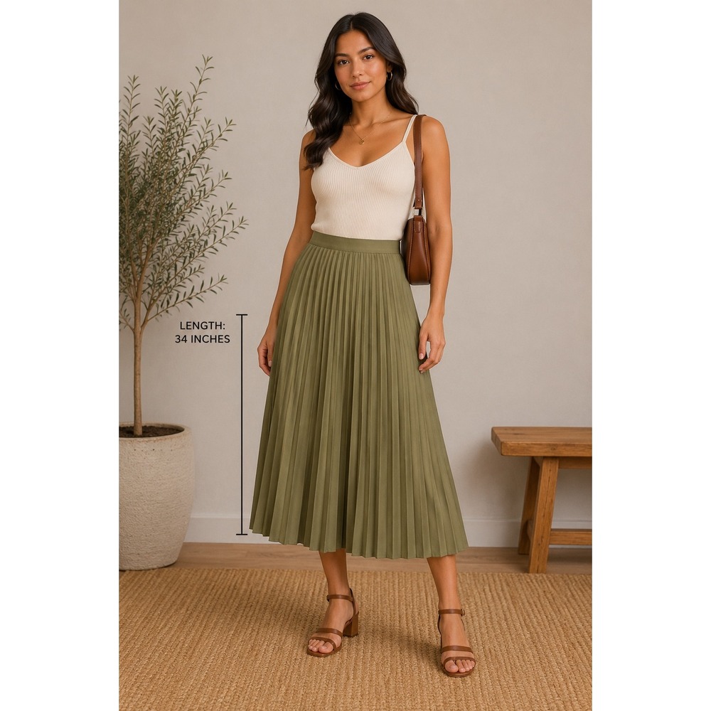 MNG Dark Academia Olive Green Pleated Midi Skirt Accordion Style Sz 2 Minimalist